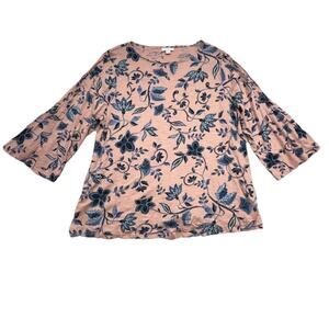 J Jill Top Womens XL Blouse Pink Floral Print Stretch Boatneck Romantic